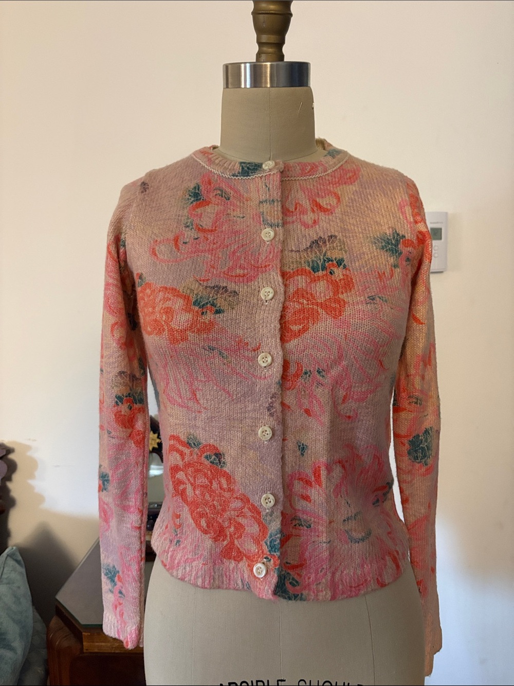 Anthropology Floral Pink Crewneck Button-Front Sweater